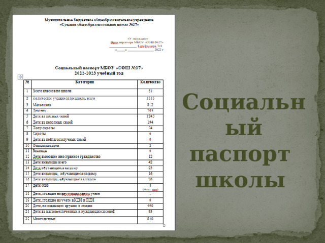 Социальный паспорт  школы 