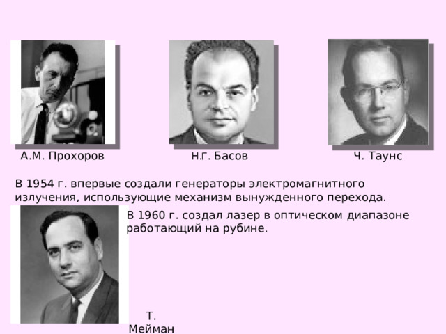 А.М. Прохоров Н.Г. Басов Ч. Таунс В 1954 г. впервые создали генераторы электромагнитного излучения, использующие механизм вынужденного перехода. В 1960 г. создал лазер в оптическом диапазоне работающий на рубине. Т. Мейман 