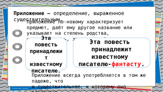 Приложение – определение, выраженное существительным. Приложение по-новому характеризует предмет, даёт ему другое название или указывает на степень родства, национальность, звание, профессию и т. д. Эта повесть принадлежит известному писателю. Эта повесть принадлежит известному писателю- фантасту . Приложение всегда употребляется в том же падеже, что и существительное, к которому оно относится. 