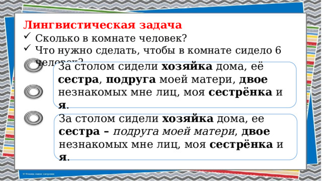 Лингвистическая задача Сколько в комнате человек? Что нужно сделать, чтобы в комнате сидело 6 человек? За столом сидели хозяйка дома, её сестра , подруга моей матери, двое незнакомых мне лиц, моя сестрёнка и я . За столом сидели хозяйка дома, ее сестра – подруга моей матери , двое незнакомых мне лиц, моя сестрёнка и я . 