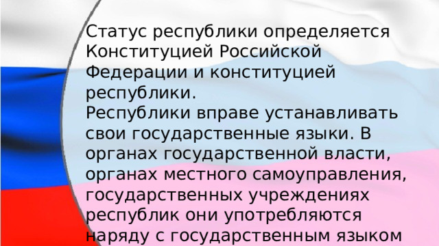 Статус республики определяется Конституцией Российской Федерации и конституцией республики. Республики вправе устанавливать свои государственные языки. В органах государственной власти, органах местного самоуправления, государственных учреждениях республик они употребляются наряду с государственным языком Российской Федерации. 