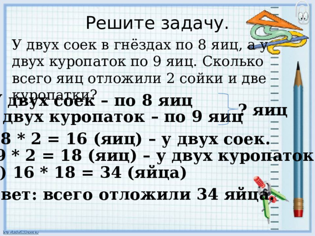 Решите задачу. У двух соек в гнёздах по 8 яиц, а у двух куропаток по 9 яиц. Сколько всего яиц отложили 2 сойки и две куропатки? У двух соек – по 8 яиц ? яиц У двух куропаток – по 9 яиц 1) 8 * 2 = 16 (яиц) – у двух соек. 2) 9 * 2 = 18 (яиц) – у двух куропаток. 3) 16 * 18 = 34 (яйца) Ответ: всего отложили 34 яйца. 