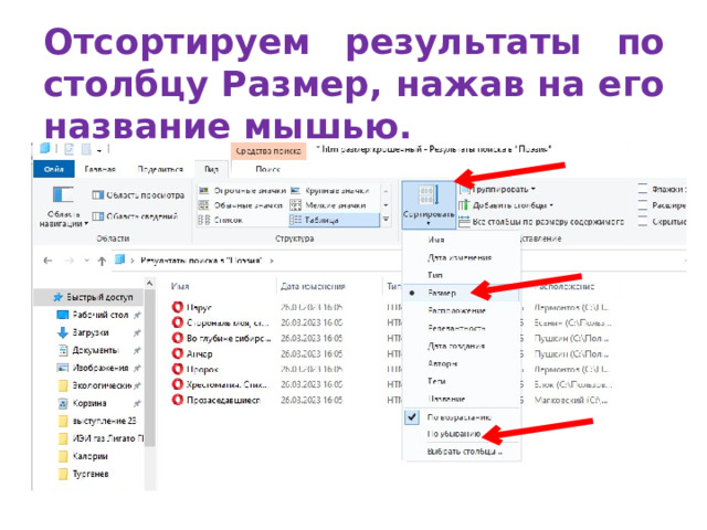 Отсортируем результаты по столбцу Размер, нажав на его название мышью. 