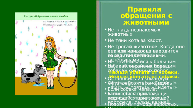  Правила обращения с животными Не гладь незнакомых животных. Не тяни кота за хвост. Не трогай животное. Когда оно ест или когда оно находится со своими детёнышами. Не приближайся к большим собакам охранных пород.  Нельзя убегать от собаки. Остановись и скомандуй: «Фу!», «Стоять!», «Сидеть!» Если собака напала, защищайся при помощи портфеля, палки, камней. Позови на помощь взрослых.   Правила обращения с животными Не гладь незнакомых животных. Не тяни кота за хвост. Не трогай животное. Когда оно ест или когда оно находится со своими детёнышами. Не приближайся к большим собакам охранных пород.  Нельзя убегать от собаки. Остановись и скомандуй: «Фу!», «Стоять!», «Сидеть!» Если собака напала, защищайся при помощи портфеля, палки, камней. Позови на помощь взрослых.  