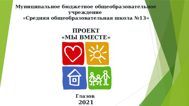 Муниципальное бюджетное общеобразовательное учреждение  «Средняя общеобразовательная школа №13»   ПРОЕКТ  «МЫ ВМЕСТЕ»          Глазов  2021 