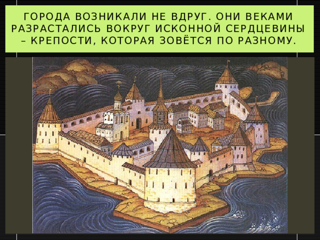 Города возникали не вдруг. Они веками разрастались вокруг исконной сердцевины – крепости, которая зовётся по разному. 