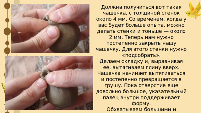 Должна получиться вот такая чашечка, с толщиной стенок около 4 мм. Со временем, когда у вас будет больше опыта, можно делать стенки и тоньше — около 2 мм. Теперь нам нужно постепенно закрыть нашу чашечку. Для этого стенки нужно «подсобрать». Делаем складку и, выравнивая ее, вытягиваем глину вверх. Чашечка начинает вытягиваться и постепенно превращается в грушу. Пока отверстие еще довольно большое, указательный палец внутри поддерживает форму. Обхватываем большими и указательными пальцами с четырех сторон и постепенно уменьшаем диаметр. Получаем вот такой выступ-хоботок. Это будет хвостик нашей птички.  