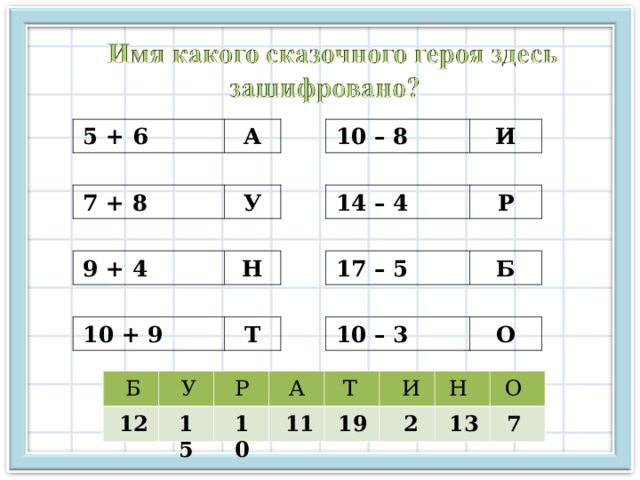 5 + 6 А 7 + 8 10 – 8 У И 9 + 4 14 – 4 Н Р 10 + 9 17 – 5 Т Б 10 – 3 О И О Н У Т А Р Б 12 15 10 11 19 2 13 7 