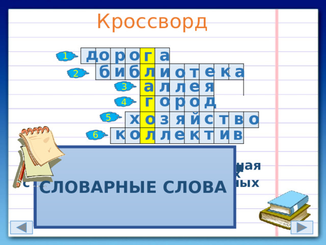 Кроссворд д о о а р г 1 л и е к и а т о б б 2 е я а л л 3 д о р г о 4 х с й о т в о з я 5 к о и в к л л е т 6 Полоса земли, предназначенная для передвижения, путь сообщения. Крупный населённый пункт  административный, промышленный и культурный центр  Дорога в (саду, в парке) с рядами деревьев посаженных по обеим её сторонам. Учреждение, собирающее и хранящее книги для  общественного пользования  Группа лиц, объединённых  общей работой, учёбой, общими интересами.   СЛОВАРНЫЕ СЛОВА  То же, что и экономика 
