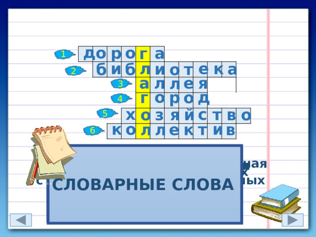 д о о а р г 1 л е и к и а о т б б 2 е я а л л 3 д о р г о 4 х с о з й т в о я 5 к о и к в л е т л 6 Полоса земли, предназначенная для передвижения, путь сообщения.  Дорога в (саду, в парке) с рядами деревьев посаженных по обеим её сторонам. Крупный населённый пункт  административный, промышленный и культурный центр Учреждение, собирающее и хранящее книги для  общественного пользования  Группа лиц, объединённых  общей работой, учёбой, общими интересами.   СЛОВАРНЫЕ СЛОВА  То же, что и экономика 16 