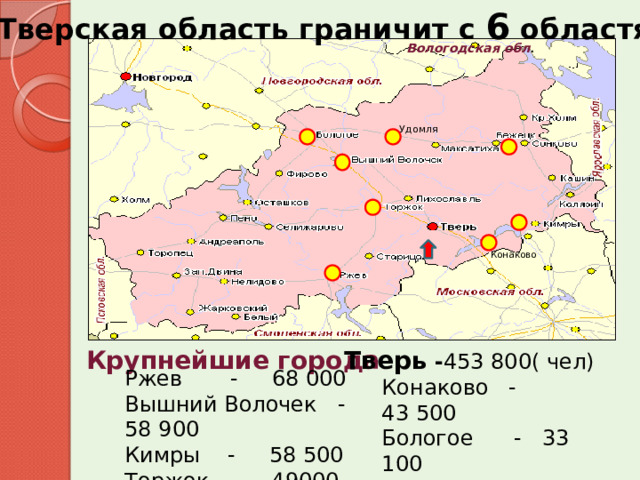 Тверская область граничит с 6 областями Вологодская обл . Удомля Конаково Крупнейшие города Тверь - 453 800( чел)  Конаково - 43 500 Бологое - 33 100 Удомля - 33 000 Бежецк - 29 600 Ржев - 68 000  Вышний Волочек - 58 900 Кимры - 58 500 Торжок - 49000 