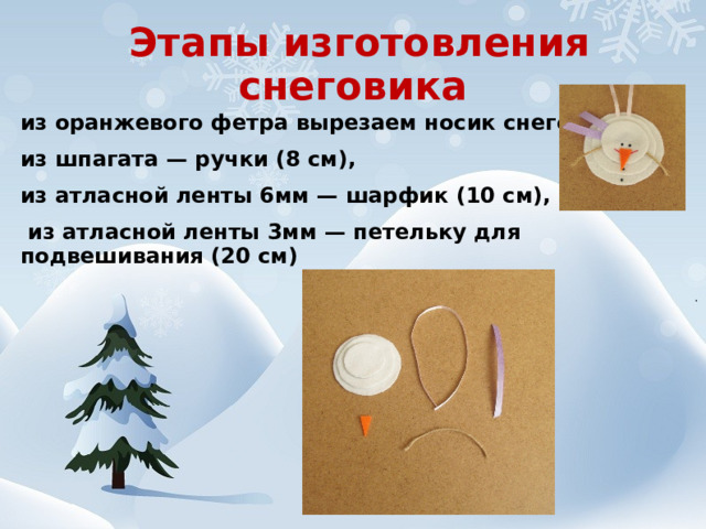  Этапы изготовления снеговика из оранжевого фетра вырезаем носик снеговика, из шпагата — ручки (8 см), из атласной ленты 6мм — шарфик (10 см),  из атласной ленты 3мм — петельку для подвешивания (20 см)  