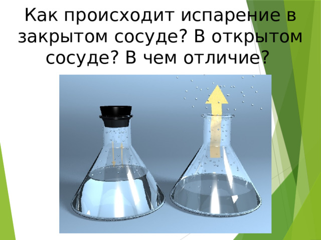 Как происходит испарение в закрытом сосуде? В открытом сосуде? В чем отличие? 