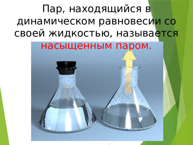 Пар, находящийся в динамическом равновесии со своей жидкостью, называется насыщенным паром. 