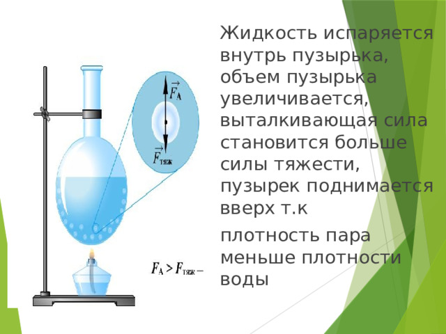 Жидкость испаряется внутрь пузырька, объем пузырька увеличивается, выталкивающая сила становится больше силы тяжести, пузырек поднимается вверх т.к плотность пара меньше плотности воды 
