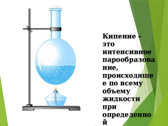 Кипение – это интенсивное парообразование, происходящее по всему объему жидкости при определенной температуре . 