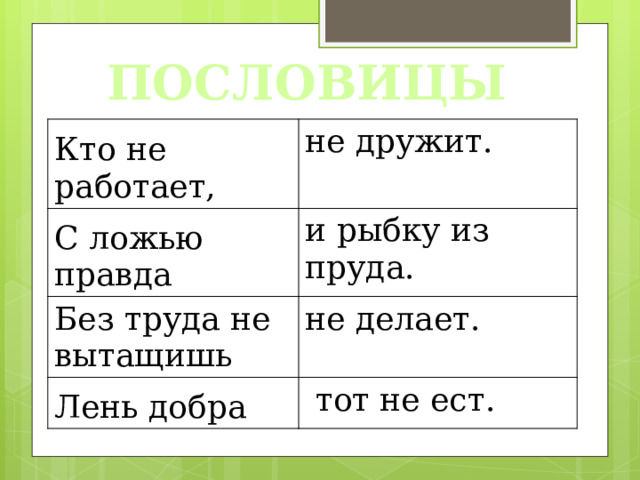 ПОСЛОВИЦЫ Кто не работает, не дружит. С ложью правда и рыбку из пруда. Без труда не вытащишь не делает. Лень добра  тот не ест. 