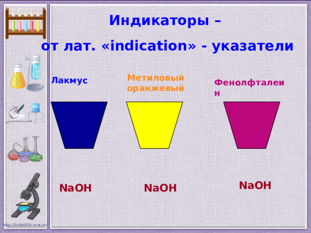 Индикаторы –  от лат. « indication » - указатели Метиловый оранжевый Лакмус  Фенолфталеин NaOH NaOH NaOH 