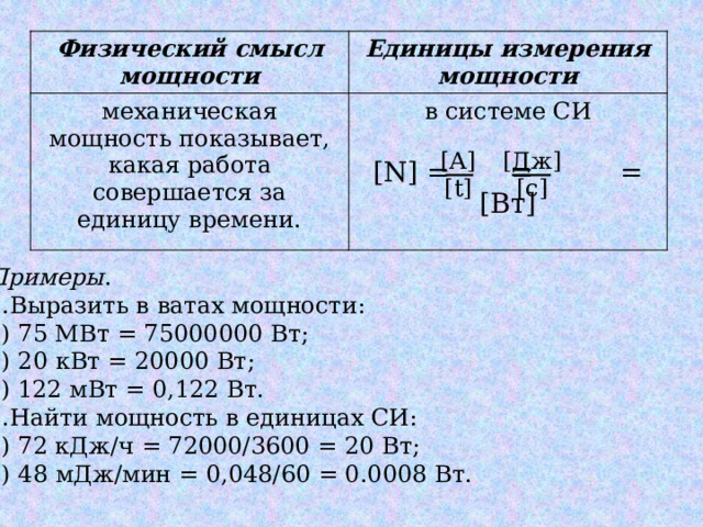 Физический смысл мощности Единицы измерения мощности механическая мощность показывает, какая работа совершается за единицу времени. в системе СИ [N] = = = [Вт] [Дж] [A] [t] [с] Примеры . 1.Выразить в ватах мощности: а) 75 МВт = 75000000 Вт; б) 20 кВт = 20000 Вт; в) 122 мВт = 0,122 Вт. 2.Найти мощность в единицах СИ: а) 72 кДж/ч = 72000/3600 = 20 Вт; б) 48 мДж/мин = 0,048/60 = 0.0008 Вт. 