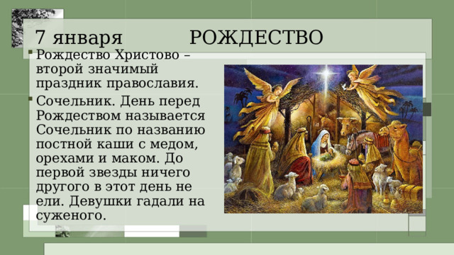 7 января РОЖДЕСТВО Рождество Христово – второй значимый праздник православия. Сочельник. День перед Рождеством называется Сочельник по названию постной каши с медом, орехами и маком. До первой звезды ничего другого в этот день не ели. Девушки гадали на суженого. 