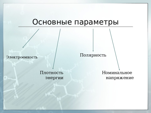 Основные параметры Полярность  Электроемкость Плотность энергии Номинальное напряжение 