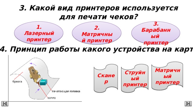 3. Какой вид принтеров используется для печати чеков? 1. Лазерный принтер   3. Барабанный 2. Матричный принтер принтер 4. Принцип работы какого устройства на картинке? Матричный принтер Струйный принтер Сканер 