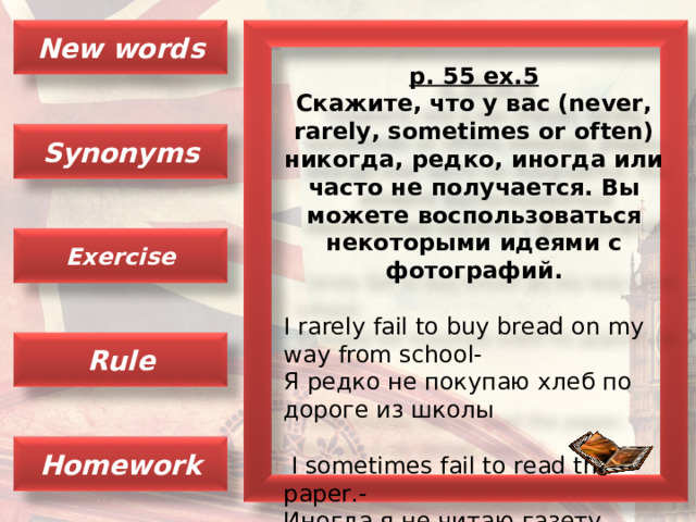 New words p. 55 ex.5  Скажите, что у вас (never, rarely, sometimes or often) никогда, редко, иногда или часто не получается. Вы можете воспользоваться некоторыми идеями с фотографий.  I rarely fail to buy bread on my way from school- Я редко не покупаю хлеб по дороге из школы  I sometimes fail to read the paper.- Иногда я не читаю газету. Synonyms Exercise Rule Homework 