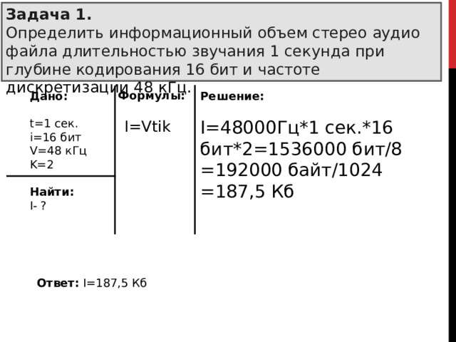 Задача 1.  Определить информационный объем стерео аудио файла длительностью звучания 1 секунда при глубине кодирования 16 бит и частоте дискретизации 48 кГц. Формулы: Дано:  t=1 сек. i=16 бит V=48 кГц K=2 Найти: I- ? Решение:  I=48000 Гц*1 сек.*16 бит*2=1536000 бит/8 =192000 байт/1024 =187,5 Кб I=Vtik Ответ:  I= 187,5 Кб 