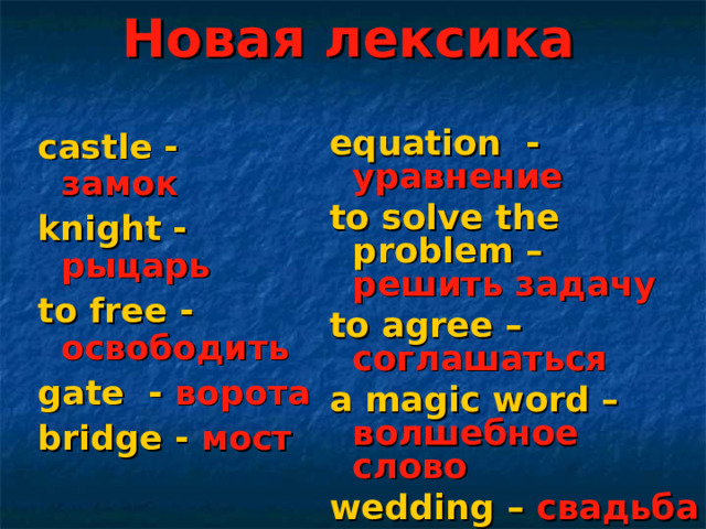 Новая лексика   castle - замок knight - рыцарь to free - освободить gate - ворота b ridge - мост      equation - уравнение to solve the problem – решить  задачу to agree – соглашаться a magic word – волшебное слово wedding – свадьба  