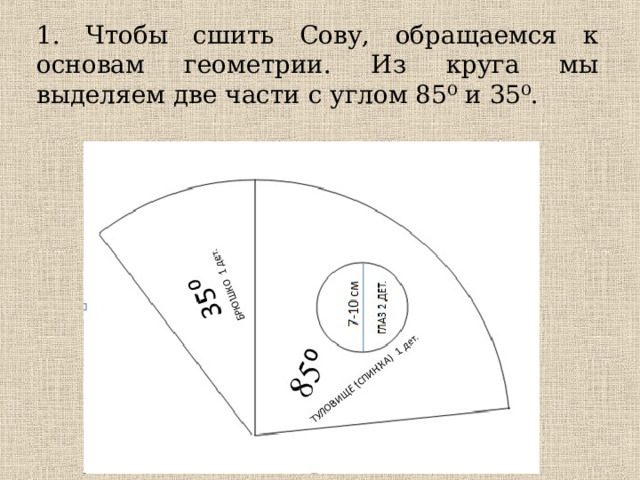 1. Чтобы сшить Сову, обращаемся к основам геометрии. Из круга мы выделяем две части с углом 85⁰ и 35⁰. 