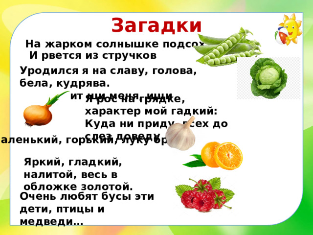 Загадки На жарком солнышке подсох.  И рвется из стручков Уродился я на славу, голова, бела, кудрява.  Кто любит щи меня, ищи Я рос на грядке, характер мой гадкий:  Куда ни приду, всех до слез доведу Маленький, горький, луку брат Яркий, гладкий, налитой, весь в обложке золотой. Очень любят бусы эти дети, птицы и медведи… 