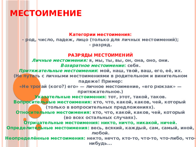 Местоимение  Категории местоимения: - род, число, падеж, лицо (только для личных местоимений); - разряд.  РАЗРЯДЫ МЕСТОИМЕНИЙ Личные местоимения:  я, мы, ты, вы, он, она, оно, они. Возвратное местоимение : себя. Притяжательные местоимения : мой, наш, твой, ваш, его, её, их. (Не путать с личными местоимениями в родительном и винительном падеже! Пример: «Не трогай (кого?) его» — личное местоимение, «его рюкзак» — притяжательное.) Указательные местоимения: тот, этот, такой, таков. Вопросительные местоимения: кто, что, какой, каков, чей, который  (только в вопросительных предложениях). Относительные местоимения: кто, что, какой, каков, чей, который  (во всех остальных случаях). Отрицательные местоимения: никто, ничто, никакой, ничей. Определительные местоимения: весь, всякий, каждый, сам, самый, иной, любой. Неопределённые местоимения: некто, нечто, кто-то, что-то, что-либо, что-нибудь...   