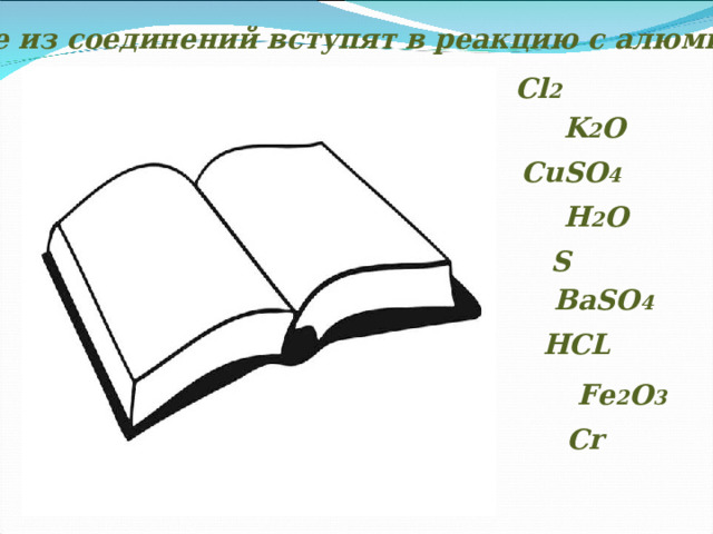 Какие из соединений вступят в реакцию с алюминием: Cl 2 K 2 O CuSO 4 H 2 O S BaSO 4 HCL Fe 2 O 3 Cr 