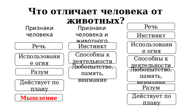 Что отличает человека от животных? Речь Признаки человека Признаки человека и животного Инстинкт Использование огня Речь Инстинкт Способны к деятельности Использование огня Способны к деятельности Любопытство, память, внимание Разум Любопытство, память, внимание Действует по плану Разум Действует по плану Мышление 