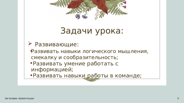 Задачи урока: Развивающие: Развивать навыки логического мышления, смекалку и сообразительность; Развивать навыки логического мышления, смекалку и сообразительность;  Развивать умение работать с информацией;  Развивать навыки работы в команде;  Развивать умение работать с информацией;  Развивать навыки работы в команде;  Развивать умение работать с информацией;  Развивать навыки работы в команде; Заголовок презентации 1 1
