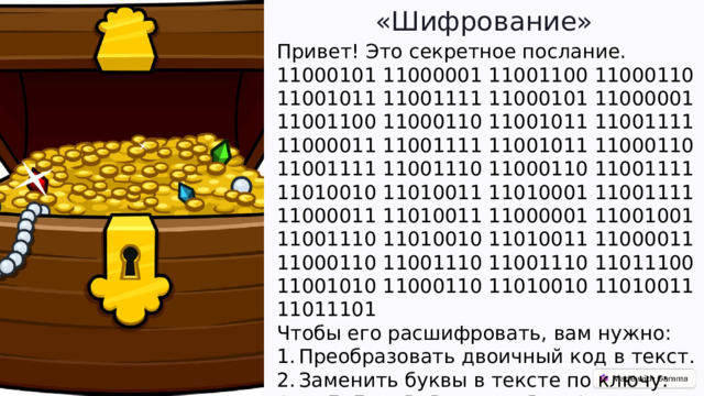 «Шифрование»  Привет! Это секретное послание. 11000101 11000001 11001100 11000110 11001011 11001111 11000101 11000001 11001100 11000110 11001011 11001111 11000011 11001111 11001011 11000110 11001111 11001110 11000110 11001111 11010010 11010011 11010001 11001111 11000011 11010011 11000001 11001001 11001110 11010010 11010011 11000011 11000110 11001110 11001110 11011100 11001010 11000110 11010010 11010011 11011101 Чтобы его расшифровать, вам нужно: Преобразовать двоичный код в текст. Заменить буквы в тексте по ключу: A на Б, Б на В, В на Г ... Я на A Удачи!