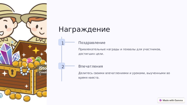 Награждение 1 Поздравление Привлекательные награды и похвалы для участников, достигших цели. 2 Впечатления Делитесь своими впечатлениями и уроками, выученными во время квеста.