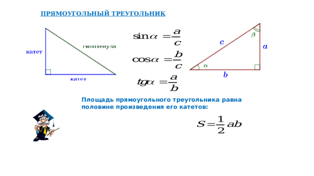 ПРЯМОУГОЛЬНЫЙ ТРЕУГОЛЬНИК Площадь прямоугольного треугольника равна половине произведения его катетов: 