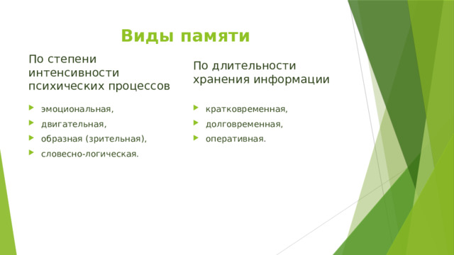 Виды памяти По степени интенсивности психических процессов По длительности хранения информации эмоциональная, двигательная, образная (зрительная), словесно-логическая. кратковременная, долговременная, оперативная . 