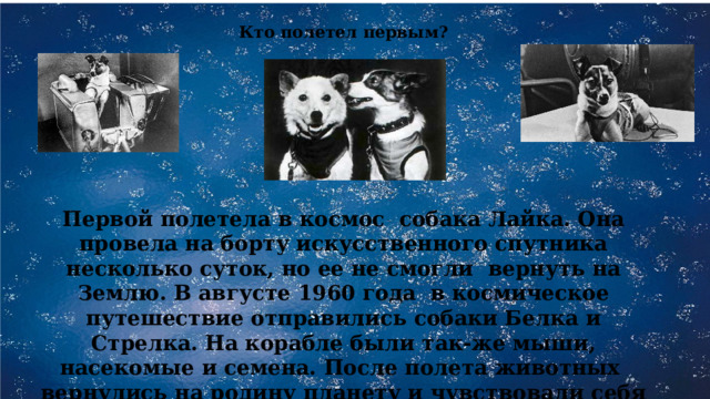 Кто полетел первым? Первой полетела в космос собака Лайка. Она провела на борту искусственного спутника несколько суток, но ее не смогли вернуть на Землю. В августе 1960 года в космическое путешествие отправились собаки Белка и Стрелка. На корабле были так-же мыши, насекомые и семена. После полета животных вернулись на родину планету и чувствовали себя прекрасно. 