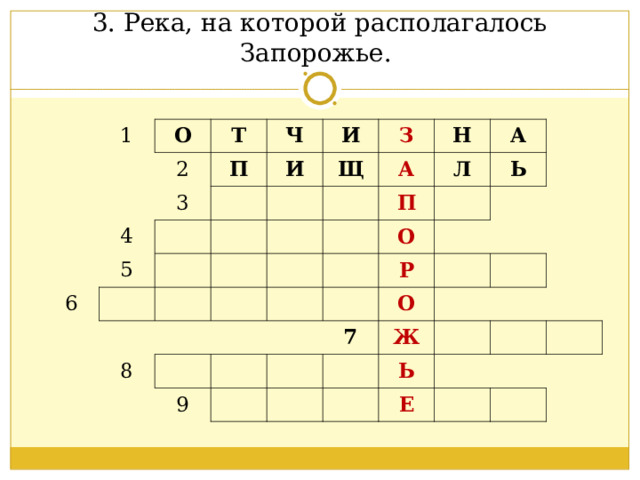 3. Река, на которой располагалось Запорожье. 1 О 2 Т П 4 Ч 3 И Д 6 Д 5 И Г Щ У З Ч Н Н Б Е А Е Н Н Л Е 8 П Х А Р З Б А Ь О Д Р Р 9 К А О Д 7 Н Ж А У Е Ь Р Н Е А Н Ь 