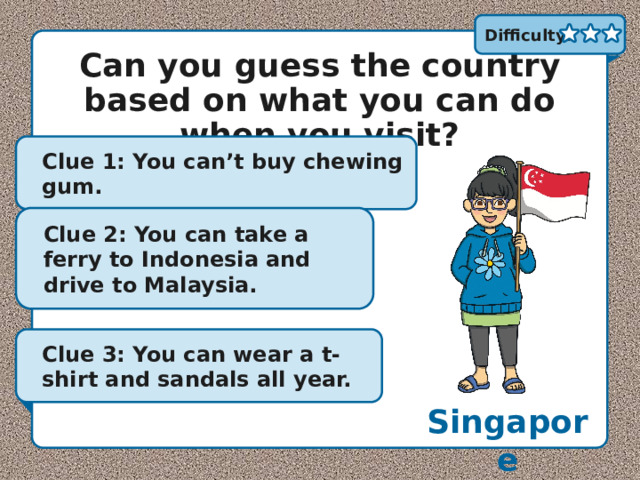 Difficulty: Can you guess the country based on what you can do when you visit? Clue 1: You can’t buy chewing gum. Clue 2: You can take a ferry to Indonesia and drive to Malaysia. Clue 3: You can wear a t-shirt and sandals all year. Singapore 