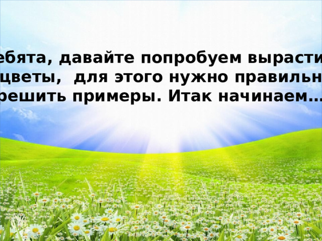 Ребята, давайте попробуем вырастить цветы, для этого нужно правильно решить примеры. Итак начинаем….. 