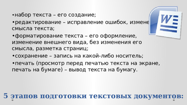 • набор текста – его создание; • редактирование – исправление ошибок, изменение смысла текста; • форматирование текста – его оформление, изменение внешнего вида, без изменения его смысла, разметка страниц; • сохранение – запись на какой-либо носитель; • печать (просмотр перед печатью текста на экране, печать на бумаге) – вывод текста на бумагу. 5 этапов подготовки текстовых документов:   