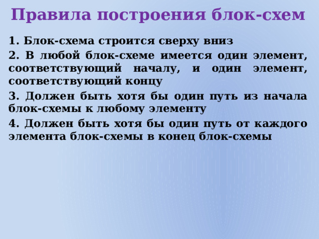 Правила построения блок-схем  Блок-схема строится сверху вниз  В любой блок-схеме имеется один элемент, соответствующий началу, и один элемент, соответствующий концу  Должен быть хотя бы один путь из начала блок-схемы к любому элементу  Должен быть хотя бы один путь от каждого элемента блок-схемы в конец блок-схемы 