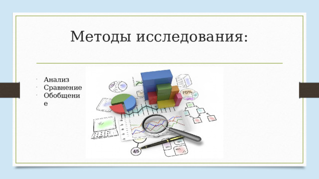 Методы исследования: Анализ Сравнение Обобщение 