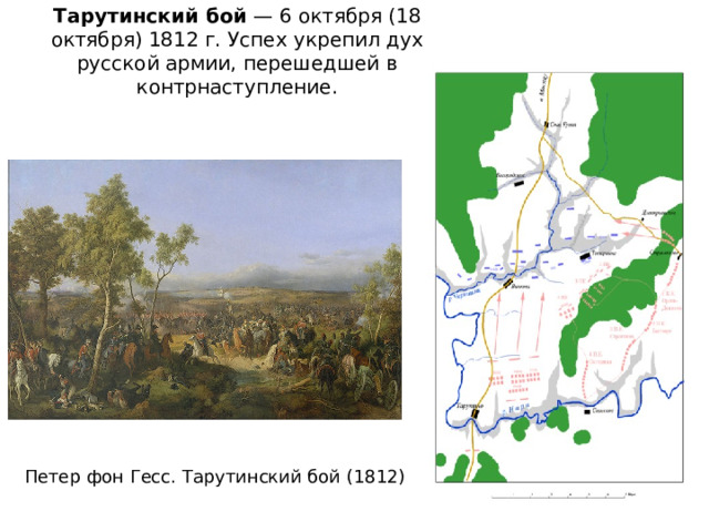 Тарутинский бой  — 6 октября (18 октября) 1812 г. Успех укрепил дух русской армии, перешедшей в контрнаступление.   Петер фон Гесс. Тарутинский бой (1812) 