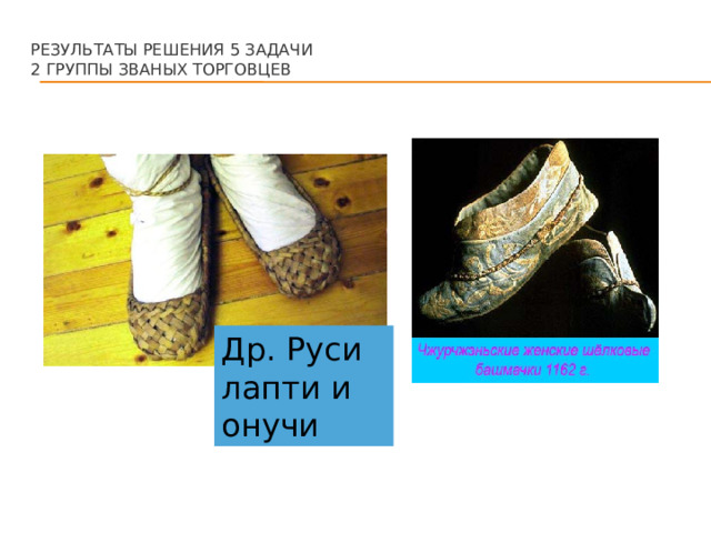 Результаты решения 5 задачи  2 группы званых торговцев   Др. Руси лапти и онучи 