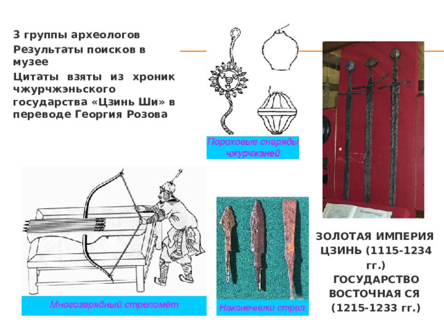 3 группы археологов Результаты поисков в музее Цитаты взяты из хроник чжурчжэньского государства «Цзинь Ши» в переводе Георгия Розова золотая империя  цзинь (1115-1234 гг .)  Государство восточная ся  (1215-1233 гг. ) 