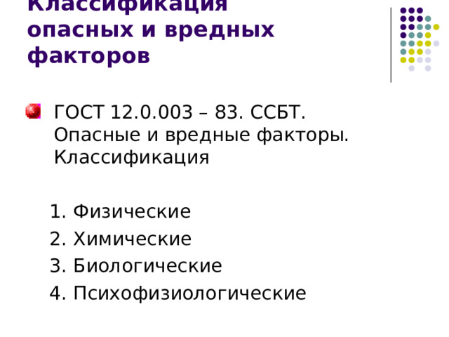 Классификация  опасных и вредных факторов ГОСТ 12.0.003 – 83. ССБТ. Опасные и вредные факторы. Классификация  1. Физические  2. Химические  3. Биологические  4. Психофизиологические 